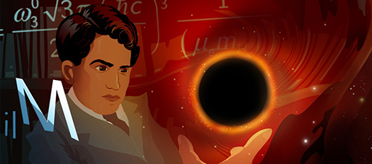 An artist's drawing of a young Subrahmanyan Chandrasekhar surrounded by ethereal mathematics symbols appearing to leitate an black hole in his out-stretched hand.